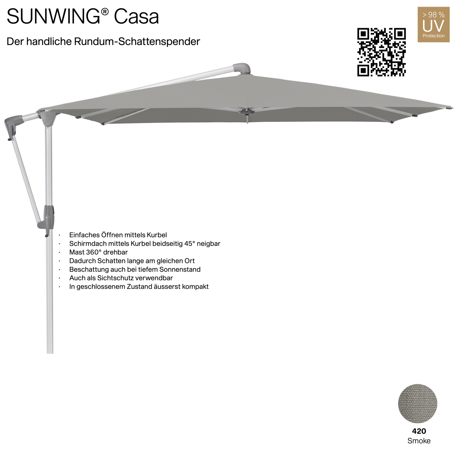 GLATZ Sonnenschirm SUNWING® CASA quadratisch 270 x 270 cm Gestell natureloxiert Farbe 420 Smoke Ampelschirm