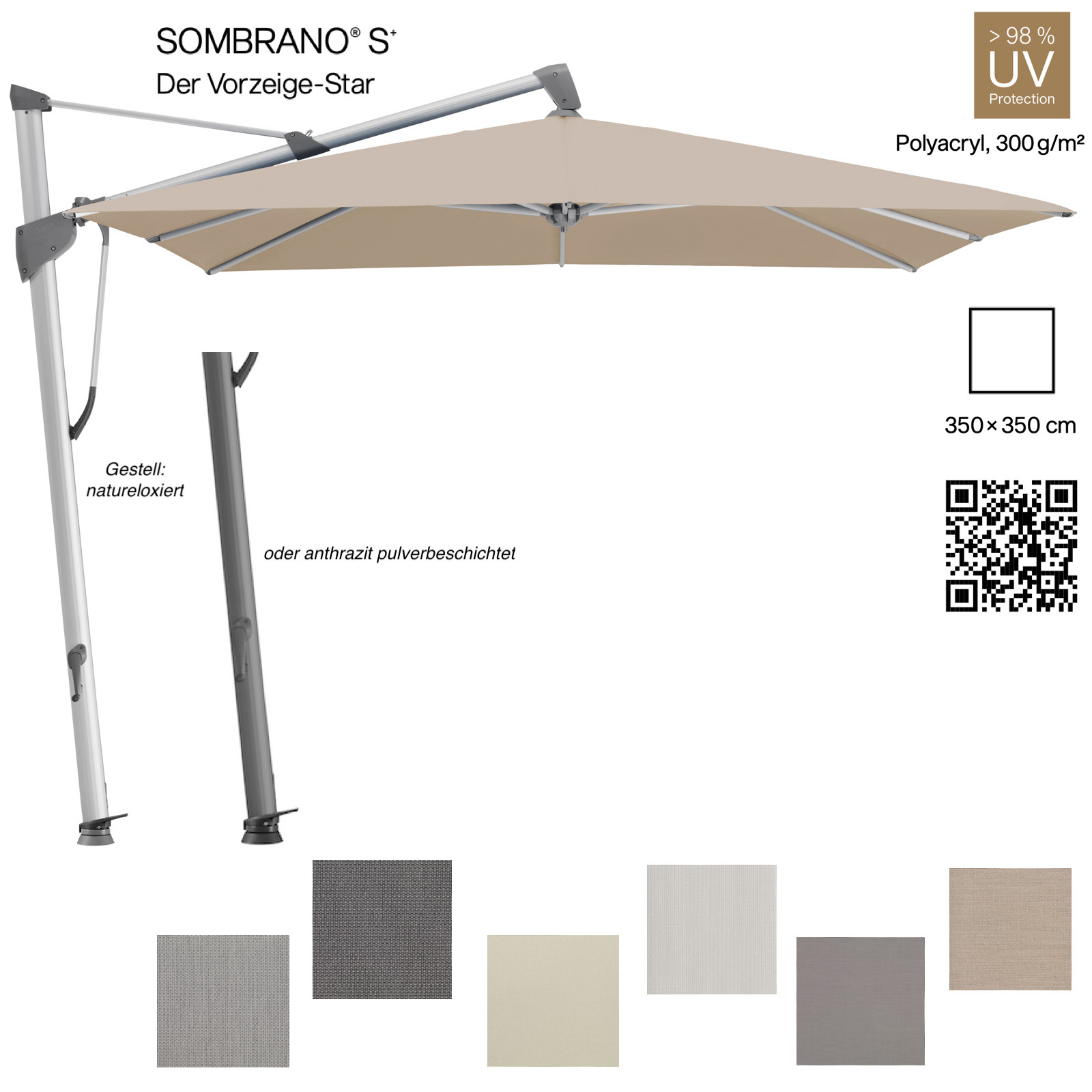 GLATZ Ampelschirm SOMBRANO® S+ quadratisch 350 x 350 cm in 6 Farben Stoffklasse 5 Sonnenschirm GLATZ Ampelschirm SOMBRANO® S+ quadratisch 350 x 350 cm in 6 Farben Stoffklasse 5 Sonnenschirm