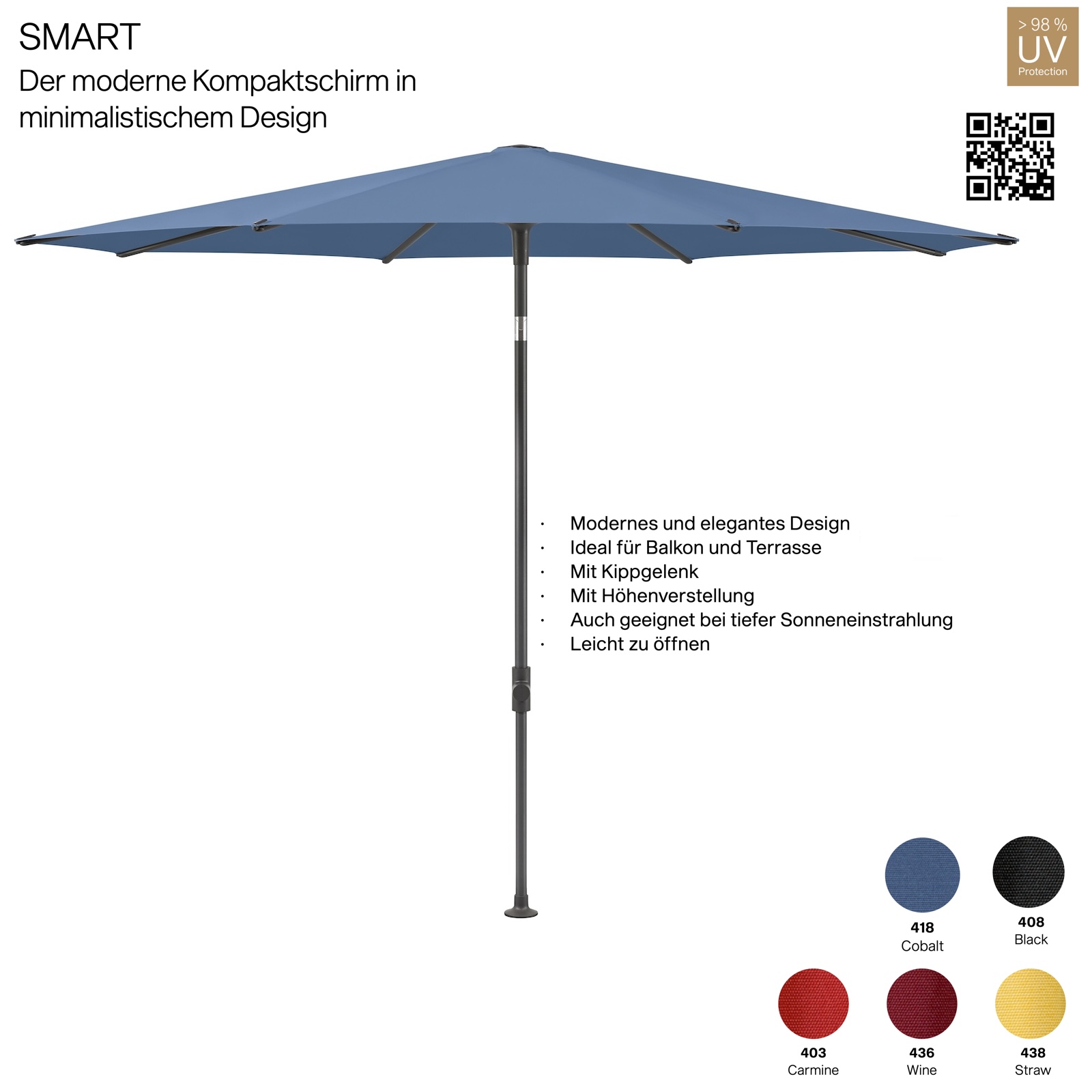 GLATZ Sonnenschirm SMART rund ø 250 cm Gestell anthrazit in 5 Farbvarianten Mittelmastschirm