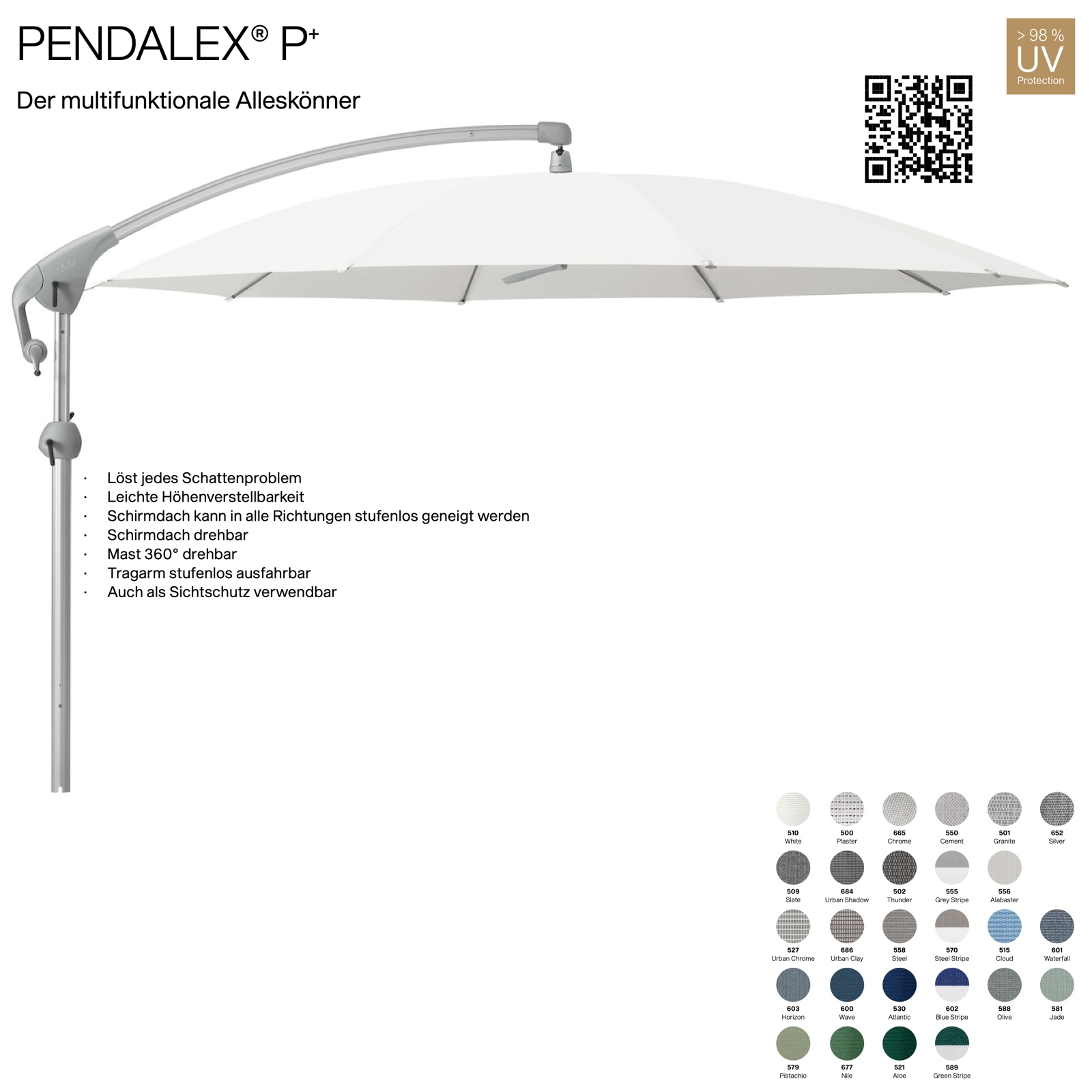 GLATZ Sonnenschirm PENDALEX® P+ rund ø 300 cm Stoffklasse 5 in 27 Farben wählbar Seitenmast