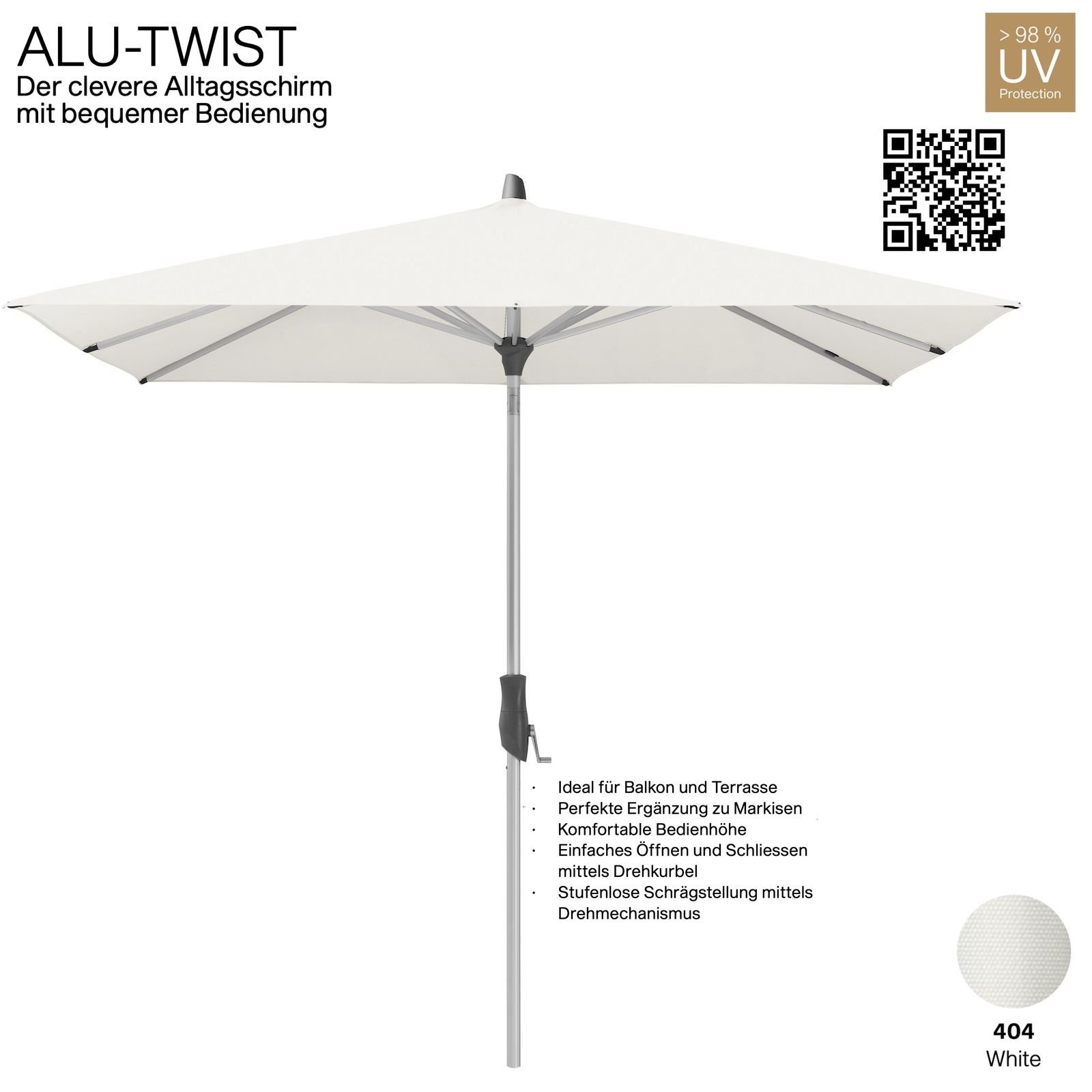 GLATZ Sonnenschirm ALU-TWIST quadratisch 240 x 240 cm Stoffqualität 4 Farbe 404 White Mittelstock