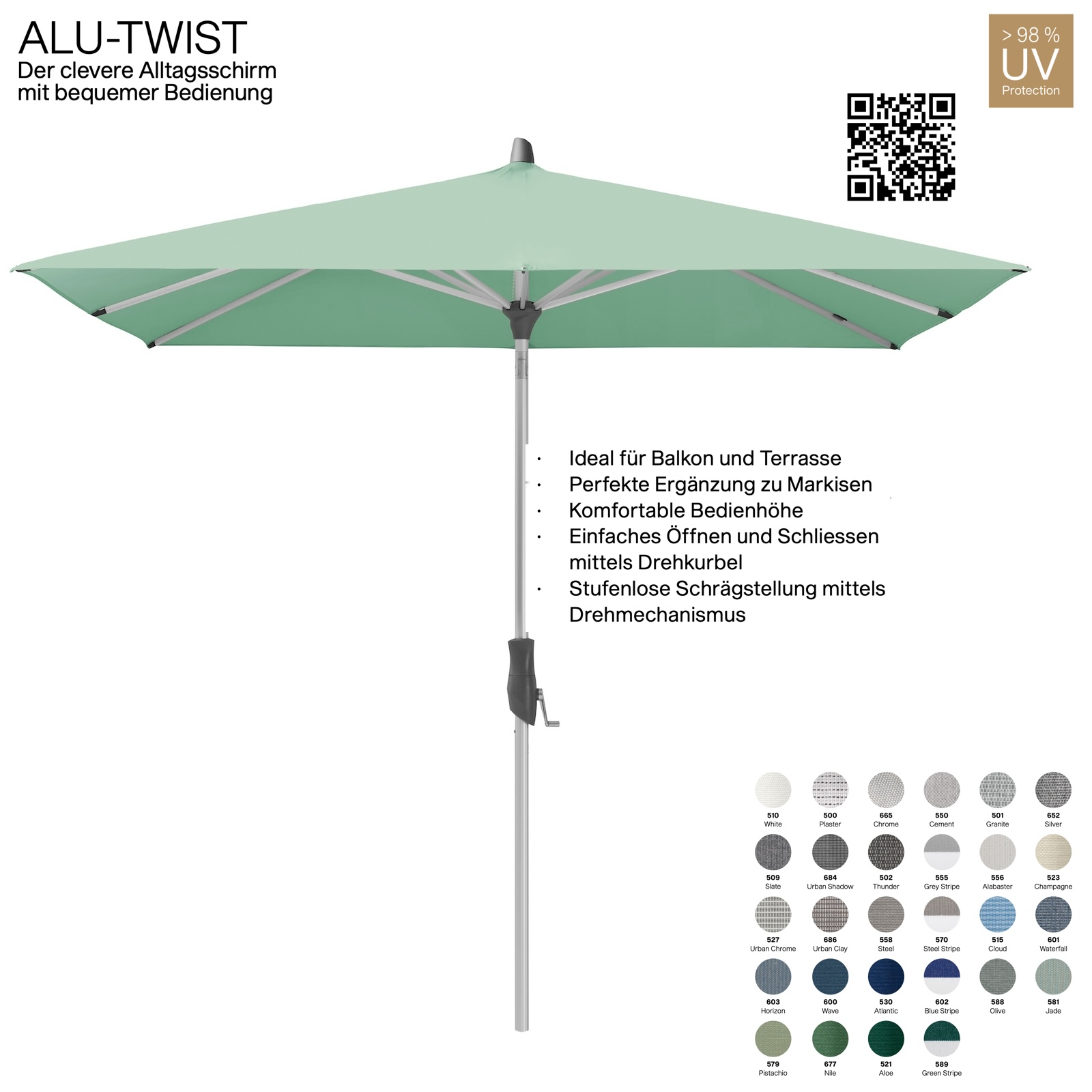 GLATZ Sonnenschirm ALU-TWIST quadratisch 240 x 240 cm Gestell natureloxiert Stoff 100 % Polyacryl verschiedene Farben