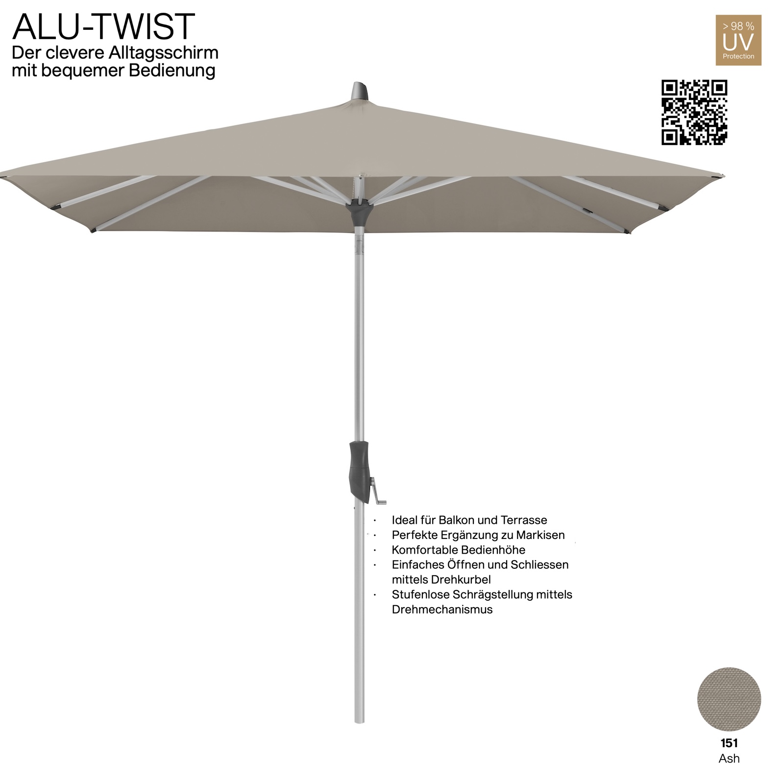 GLATZ Sonnenschirm ALU-TWIST rechteckig 250 x 200 cm Stoffqualität 2 Farbe 151 Ash Mittelstock