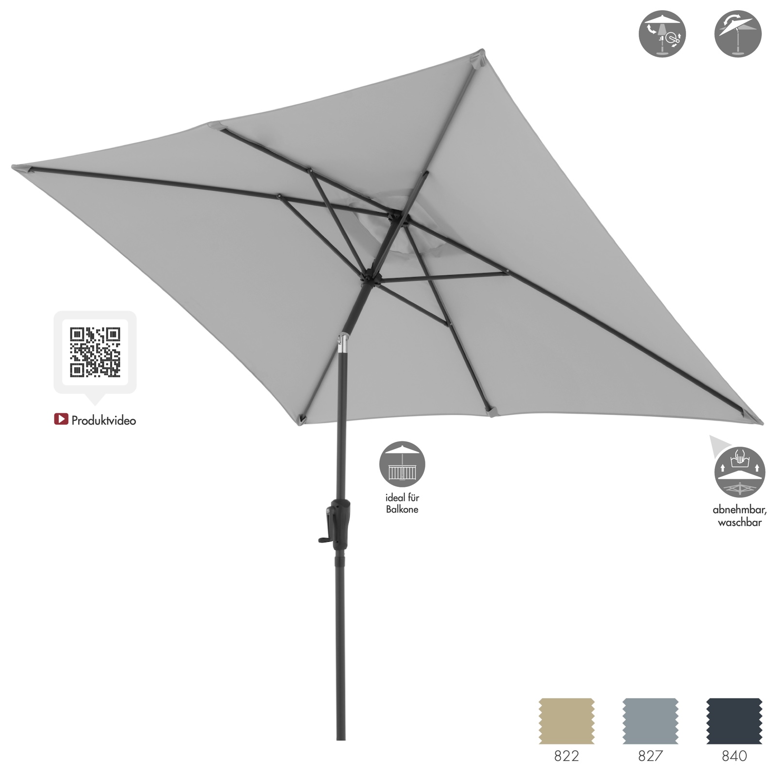 Doppler LIFE Lift 250 x 200 rechteckig Mittelmastschirm Sonnenschirm in 3 Farben