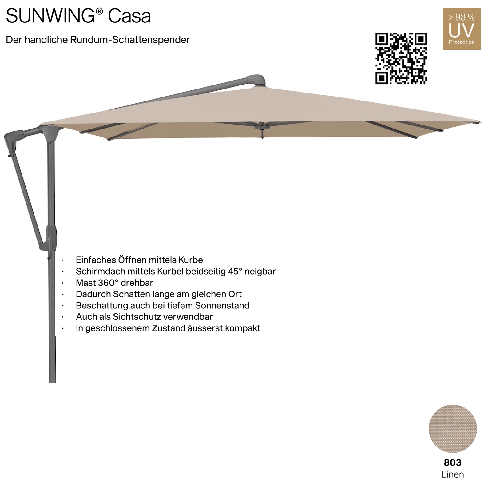 GLATZ Sonnenschirm SUNWING® CASA quadratisch 270 x 270 cm Gestell anthrazit Farbe 803 Linen Ampelschirm