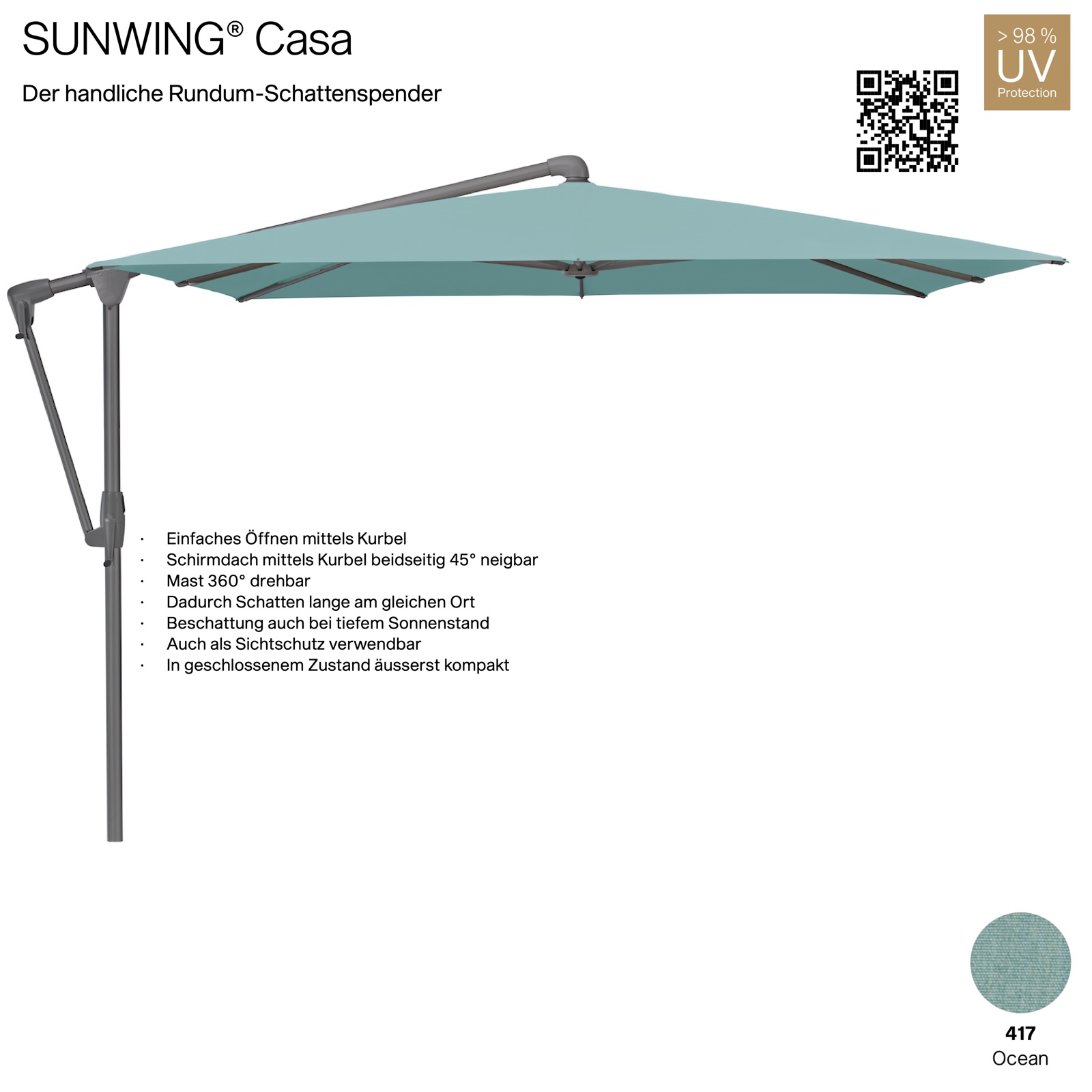 GLATZ Sonnenschirm SUNWING® CASA quadratisch 270 x 270 cm Gestell anthrazit Farbe 417 Ocean Ampelschirm